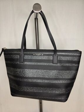 Kate Spade New York Glitter Stripe Saffiano Leather Tote Bag - Black/Silver